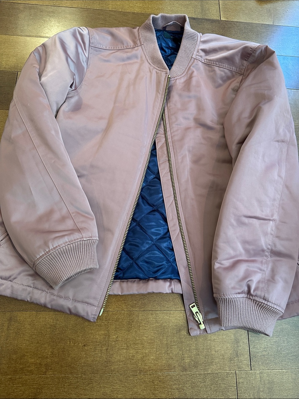 J. crew Mauve Pink Bomber Jacket with Navy Quilted Lining